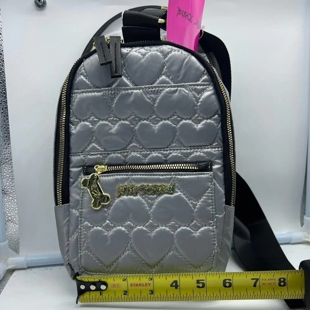 BETSEY JOHNSON three piece silver and gold doggie backpack, scarf and treat bag